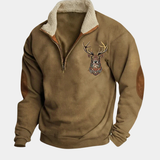 Men's Deer Motif Half-Zip Fleece-Lined Sweater
