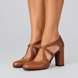 Women's Round Toe Block Heel Ankle Strap Pumps