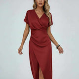 Women's Wrap Midi Dress, V-Neck and Split Hem