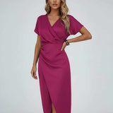Women's Wrap Midi Dress, V-Neck and Split Hem