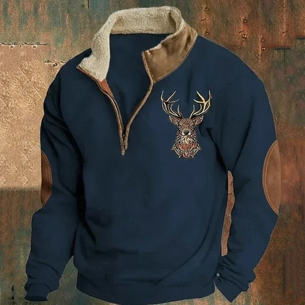 Men's Deer Motif Half-Zip Fleece-Lined Sweater