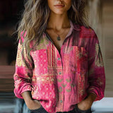 Women's Printed Button-Up Cotton Blend Blouse
