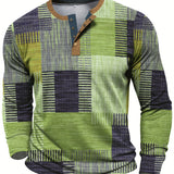 Men's Geometric Print Henley Long Sleeve Shirt