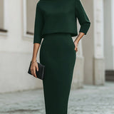 Women's Boat Neck Top and Pencil Midi Skirt Set