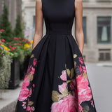 Women's Floral Pleated A-Line Sleeveless Midi Dress
