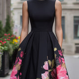 Women's Floral Pleated A-Line Sleeveless Midi Dress