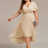 Women's Pleated Wrap Midi Dress, Flutter Sleeves