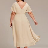 Women's Pleated Wrap Midi Dress, Flutter Sleeves