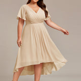 Women's Pleated Wrap Midi Dress, Flutter Sleeves