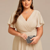 Women's Pleated Wrap Midi Dress, Flutter Sleeves
