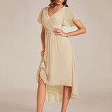 Women's Pleated Wrap Midi Dress, Flutter Sleeves