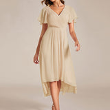 Women's Pleated Wrap Midi Dress, Flutter Sleeves