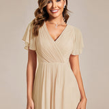 Women's Pleated Wrap Midi Dress, Flutter Sleeves