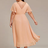 Women's Pleated Wrap Midi Dress, Flutter Sleeves