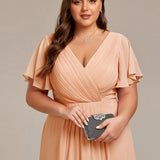 Women's Pleated Wrap Midi Dress, Flutter Sleeves