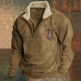 Men's Deer Motif Half-Zip Fleece-Lined Sweater