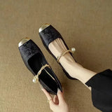 Women's Square Toe Braided Pearl Strap Flats