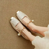 Women's Square Toe Braided Pearl Strap Flats