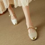 Women's Square Toe Braided Pearl Strap Flats