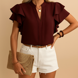 Women's V-Neck Ruffle Sleeve Stand Collar Blouse