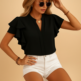 Women's V-Neck Ruffle Sleeve Stand Collar Blouse