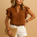 Women's V-Neck Ruffle Sleeve Stand Collar Blouse