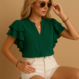 Women's V-Neck Ruffle Sleeve Stand Collar Blouse