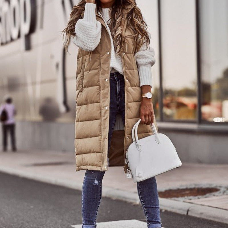 Long Hooded Quilted Zip-Front Puffer Vest