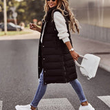 Long Hooded Quilted Zip-Front Puffer Vest