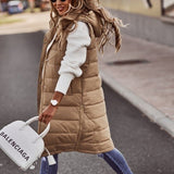 Long Hooded Quilted Zip-Front Puffer Vest