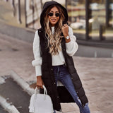 Long Hooded Quilted Zip-Front Puffer Vest