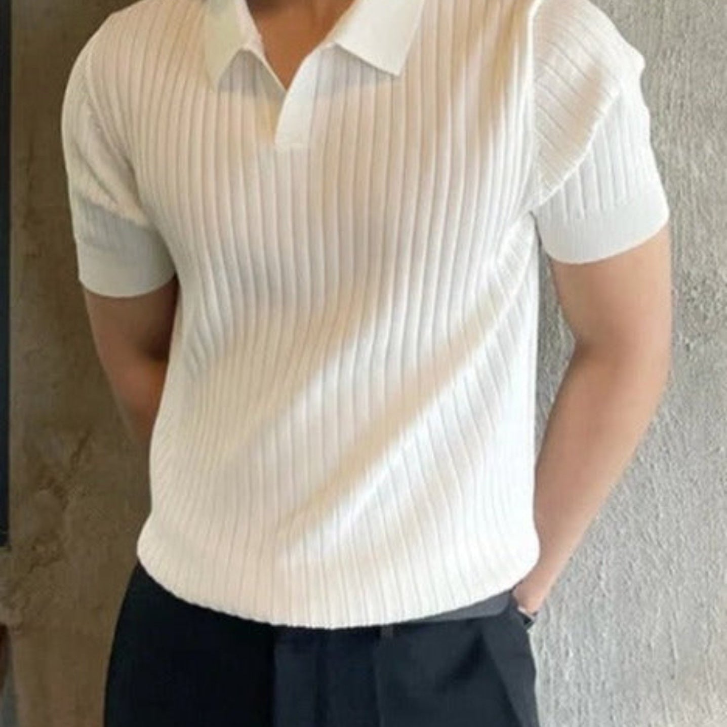 Men's Ribbed Open Collar Knit Polo Shirt
