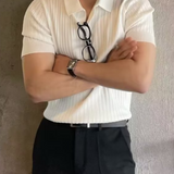 Men's Ribbed Open Collar Knit Polo Shirt