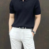 Men's Ribbed Open Collar Knit Polo Shirt