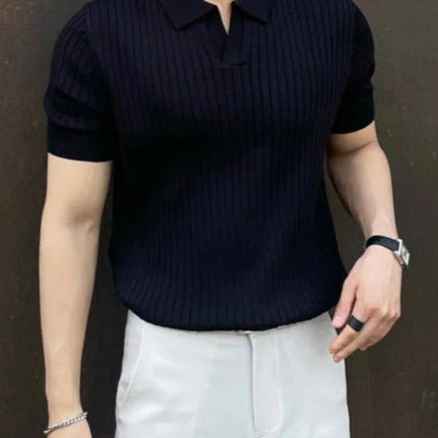 Men's Ribbed Open Collar Knit Polo Shirt