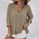 Women's V-Neck Button-Down Relaxed Fit Blouse