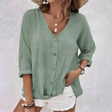 Women's V-Neck Button-Down Relaxed Fit Blouse