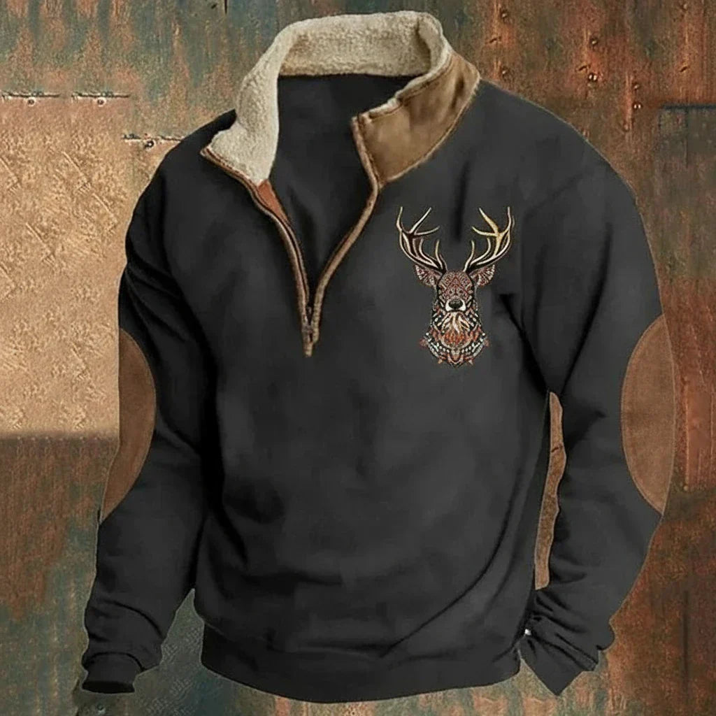 Men's Deer Motif Half-Zip Fleece-Lined Sweater