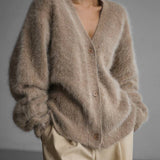 Women's Fuzzy Oversized Button-Front V-Neck Cardigan