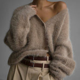Women's Fuzzy Oversized Button-Front V-Neck Cardigan