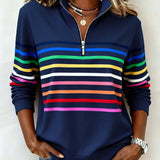 Women's Striped Mock Neck Quarter-Zip Knit Pullover