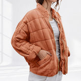 Oversized Quilted Zip-Up Jacket with Stand Collar
