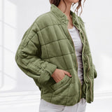 Oversized Quilted Zip-Up Jacket with Stand Collar