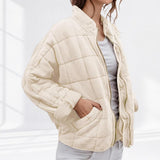 Oversized Quilted Zip-Up Jacket with Stand Collar