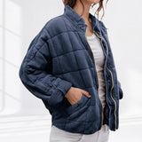 Oversized Quilted Zip-Up Jacket with Stand Collar