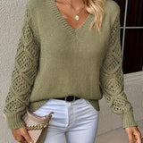Women's V-Neck Crochet Sleeve Knit Sweater