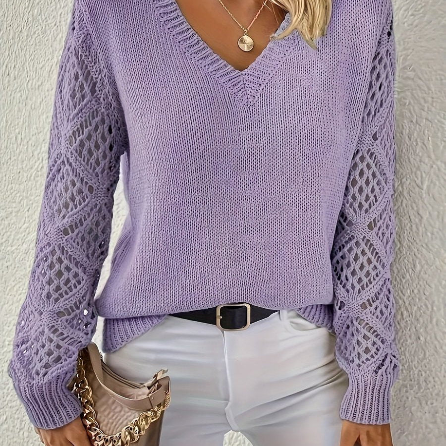 Women's V-Neck Crochet Sleeve Knit Sweater