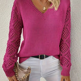Women's V-Neck Crochet Sleeve Knit Sweater
