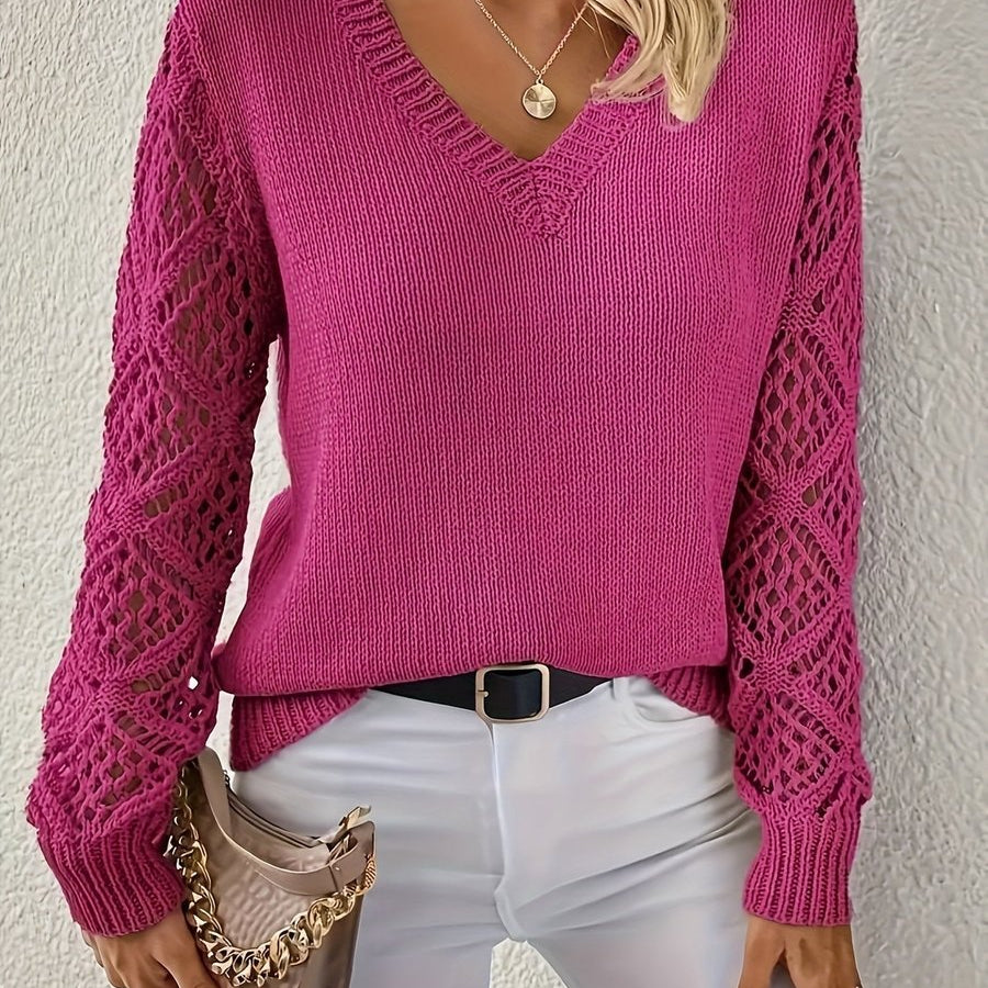 Women's V-Neck Crochet Sleeve Knit Sweater