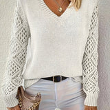 Women's V-Neck Crochet Sleeve Knit Sweater